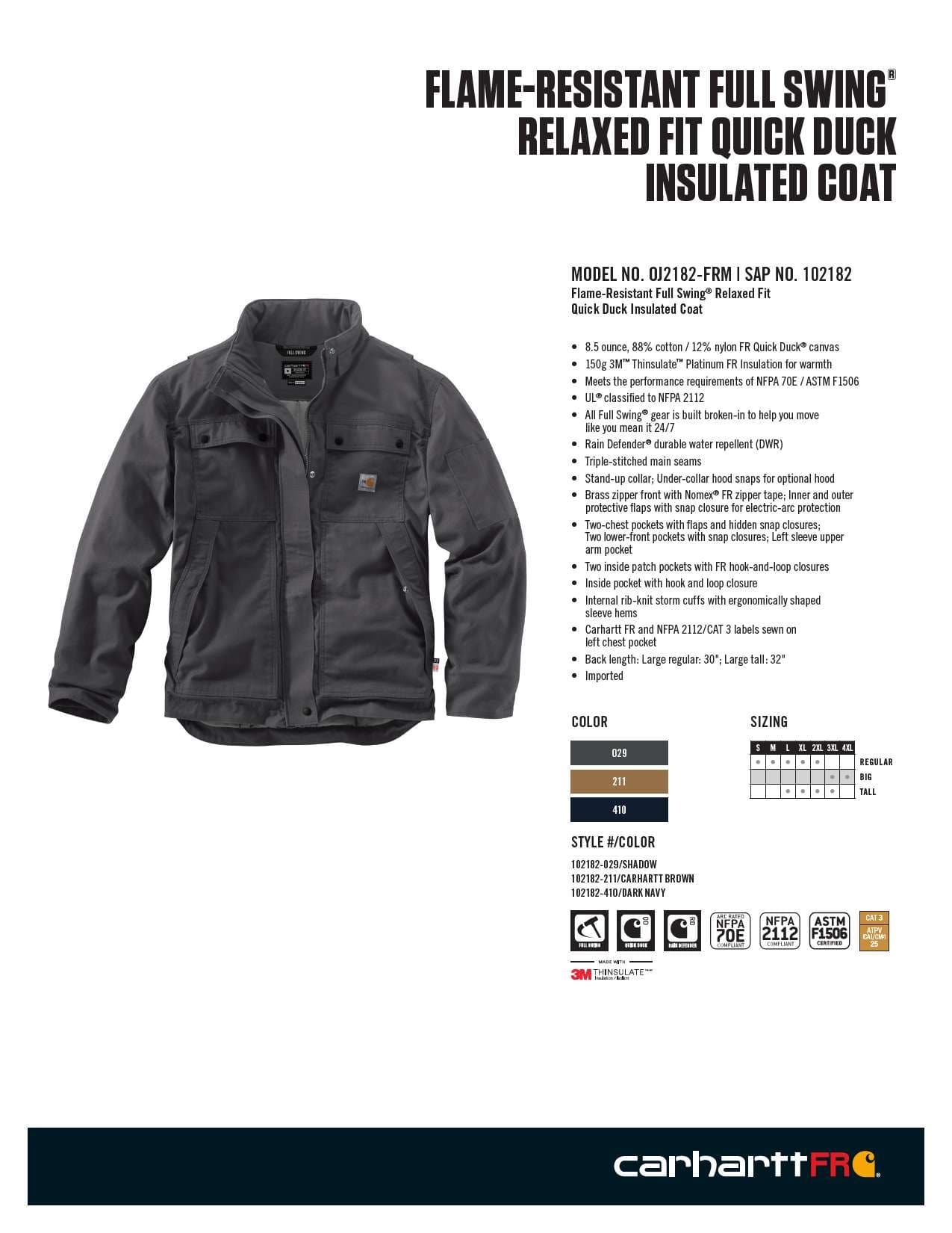 OJ2182 M FR FS RF QD Insulated Coat | Mens Length - Tall | Carhartt
