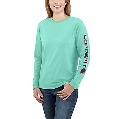 Carhartt Women's Sea Green Heather Loose Fit Heavyweight Long-Sleeve Logo Sleeve Graphic T-Shirt