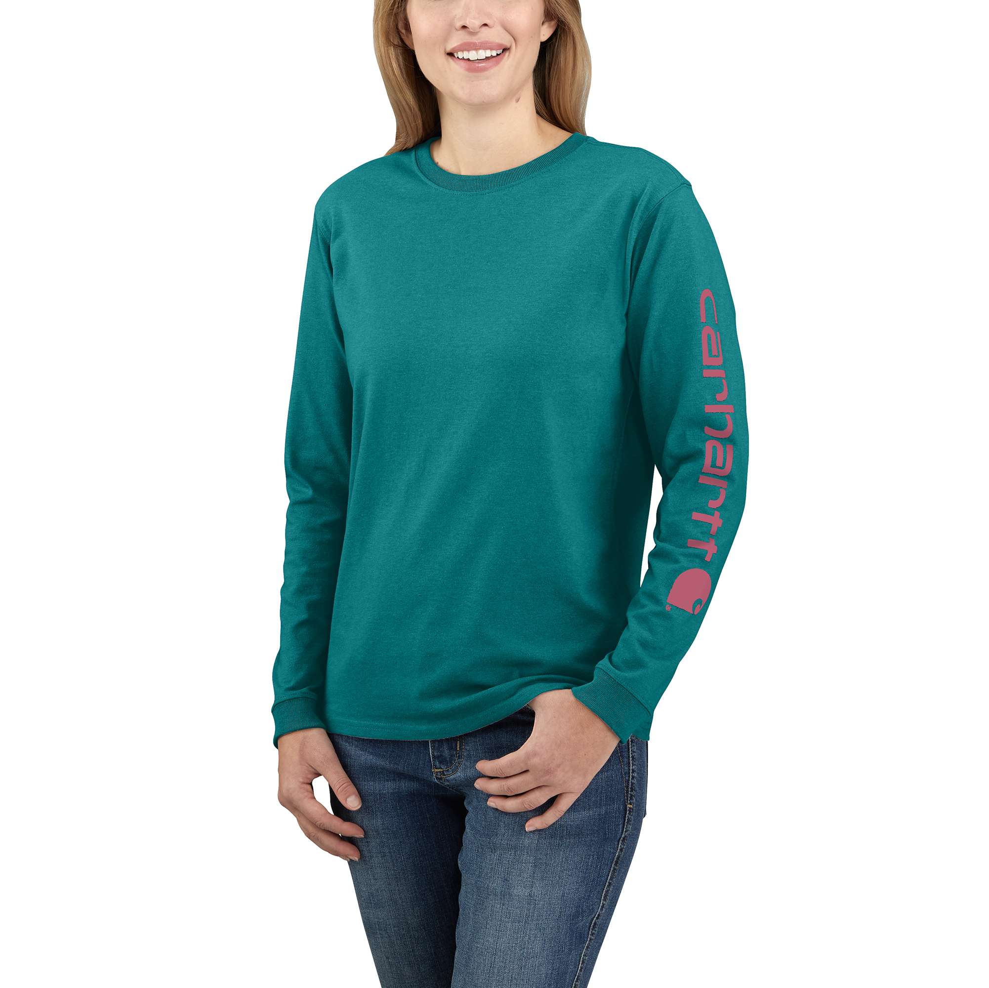 Carhartt Women's Black Women's Loose Fit Heavyweight Long-Sleeve Logo Sleeve Graphic T-Shirt