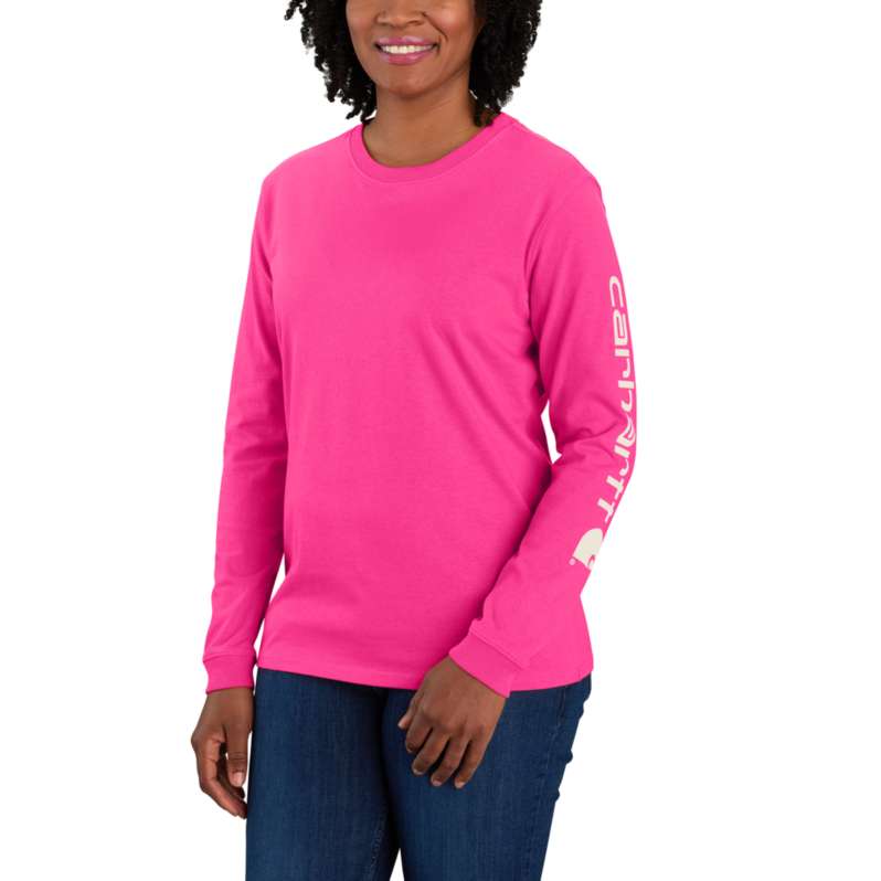 Carhartt  Pink Glow Women's Loose Fit Heavyweight Long-Sleeve Logo Sleeve Graphic T-Shirt