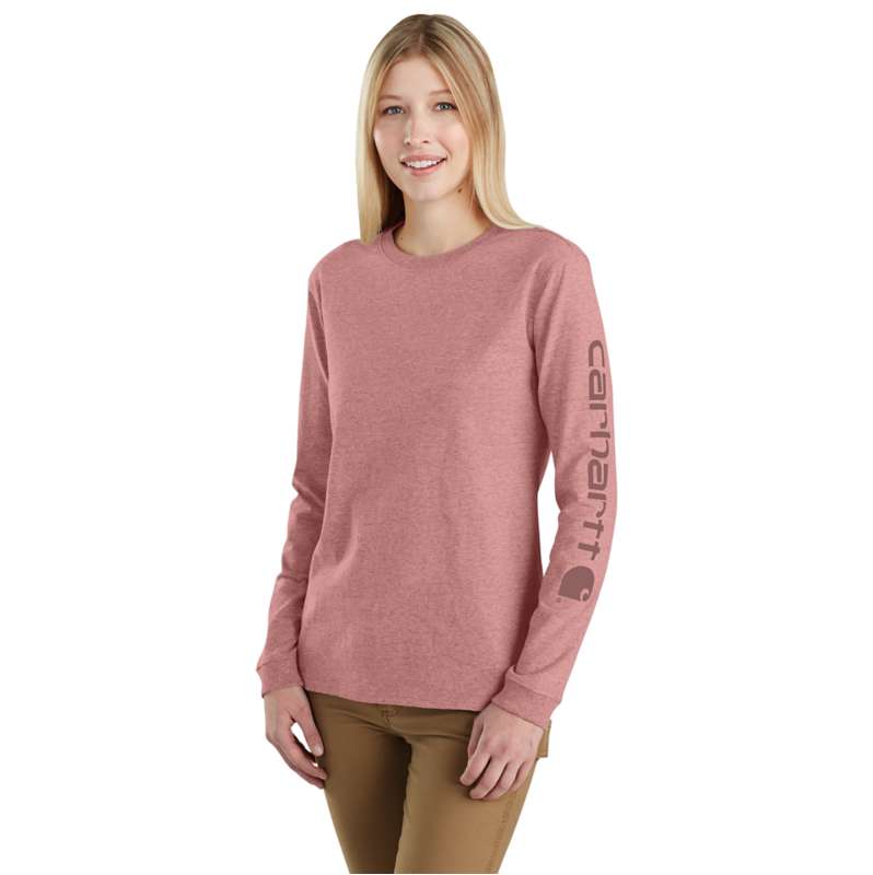 Carhartt  Rose Tint Heather Women's Loose Fit Heavyweight Long-Sleeve Logo Sleeve Graphic T-Shirt