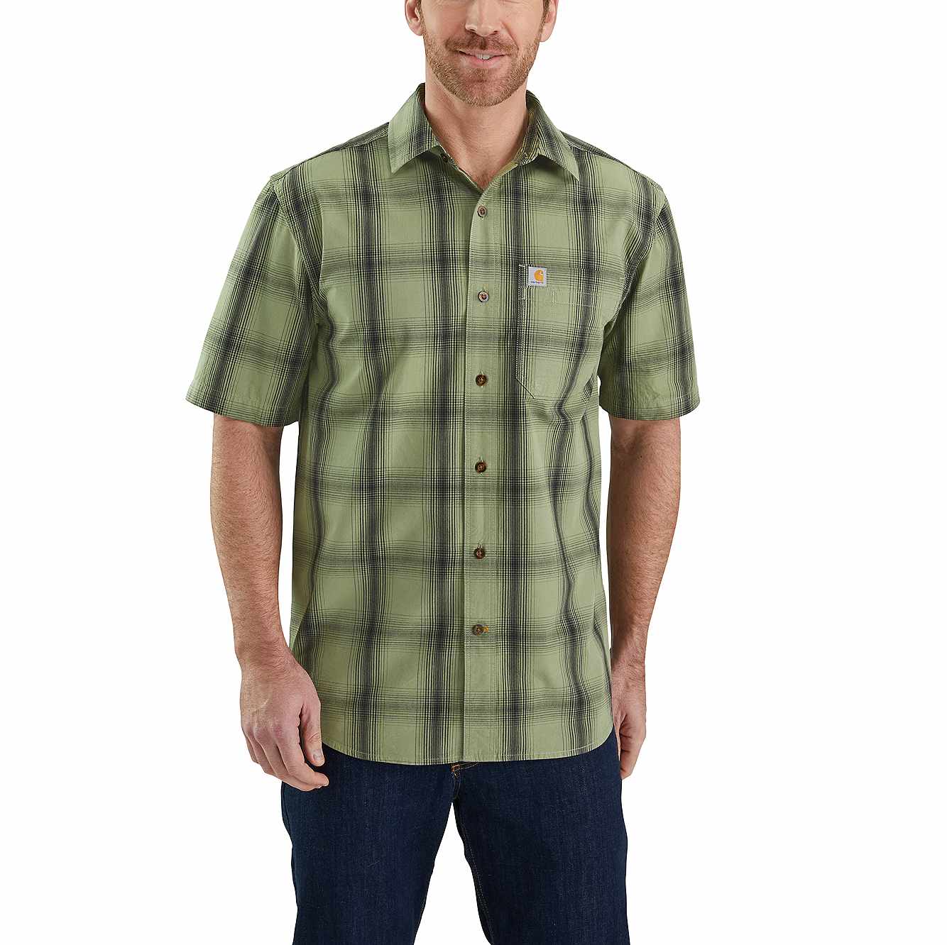Carhartt Mens Essential Plaid Open Collar Short Sleeve Shirt
