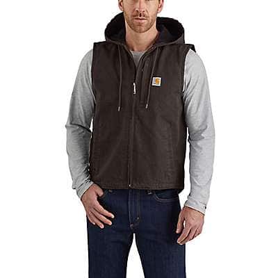 Carhartt Men's Dark Brown Relaxed Fit Washed Duck Fleece-Lined Hooded Vest