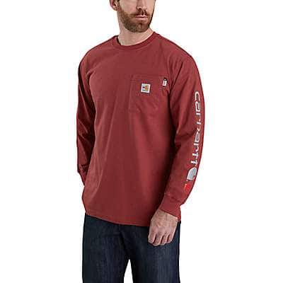 Carhartt Men's Red Brown Heather Flame Resistant Force Original Fit Midweight Long-Sleeve Logo Graphic T-Shirt