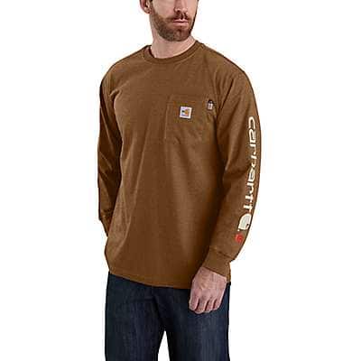 Carhartt Men's Oiled Walnut Heather Flame Resistant Carhartt Force® Loose Fit Midweight Long-Sleeve Logo Graphic T-Shirt