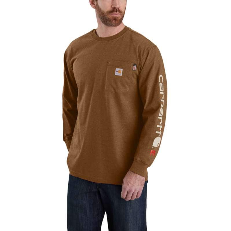Carhartt  Oiled Walnut Heather Flame Resistant Carhartt Force® Loose Fit Midweight Long-Sleeve Logo Graphic T-Shirt