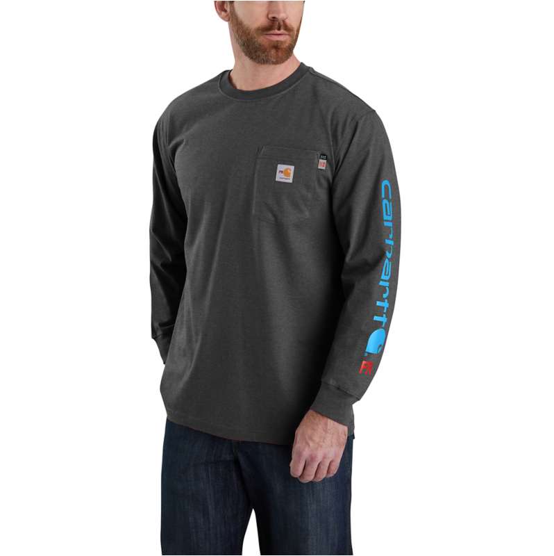 Carhartt  Carbon Heather Flame Resistant Carhartt Force® Loose Fit Midweight Long-Sleeve Logo Graphic T-Shirt
