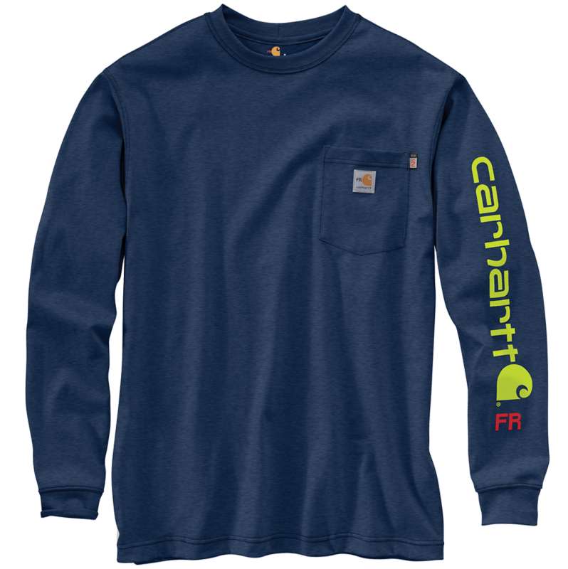 Carhartt  Dark Blue Heather Flame Resistant Carhartt Force® Loose Fit Midweight Long-Sleeve Logo Graphic T-Shirt