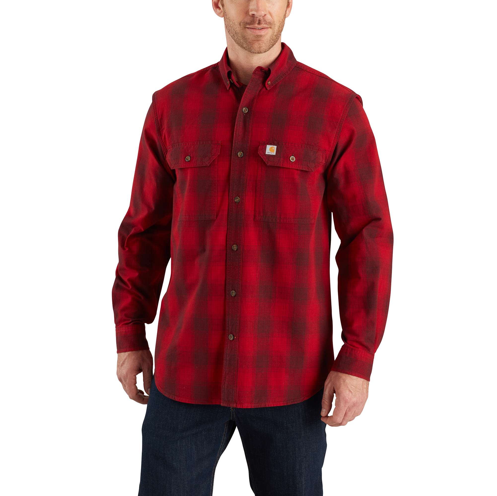 red carhartt long sleeve shirt