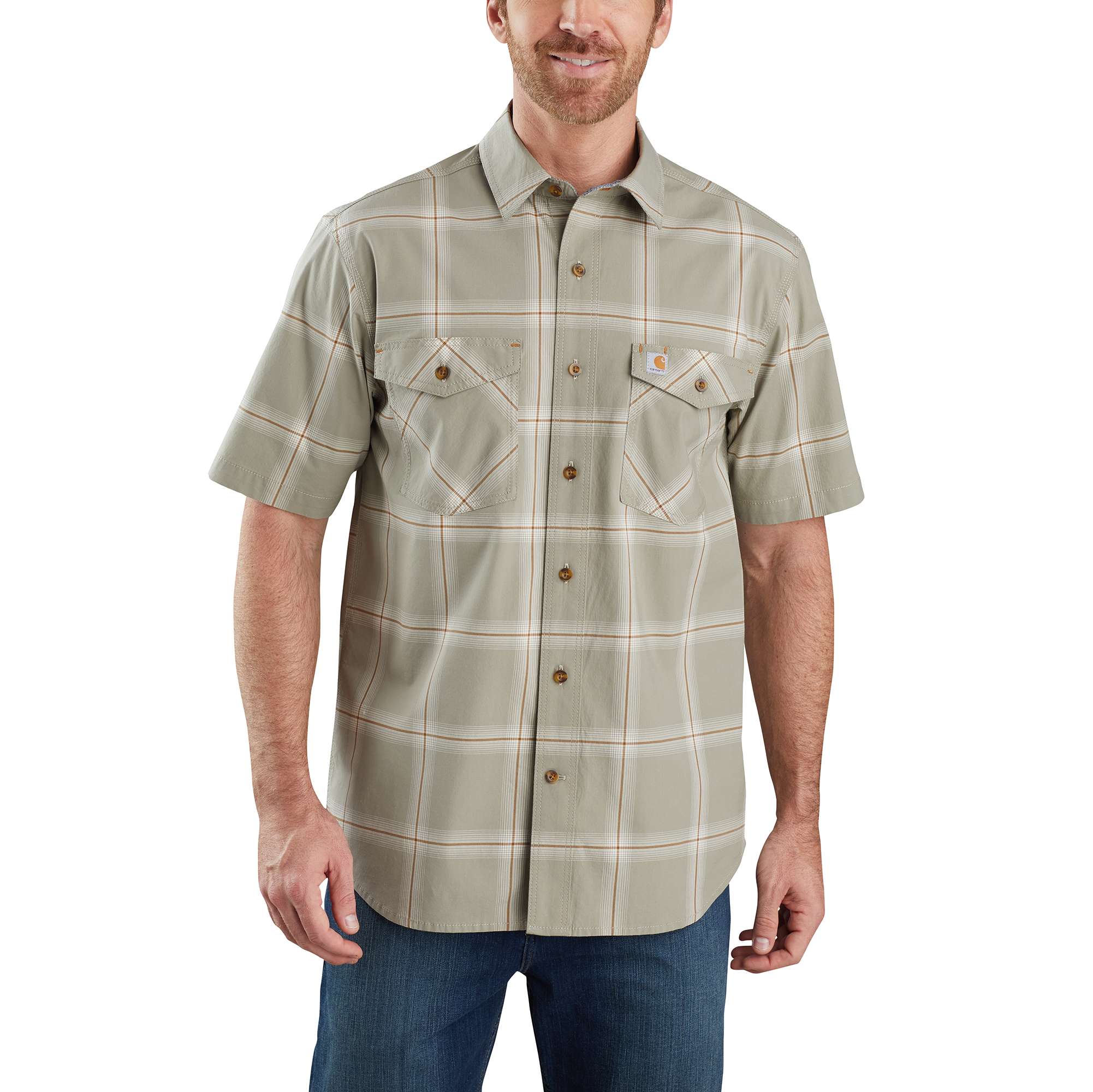 Mens Rugged Flex® Relaxed Fit Lightweight Short Sleeve Button Front Plaid Shirt Carhartt