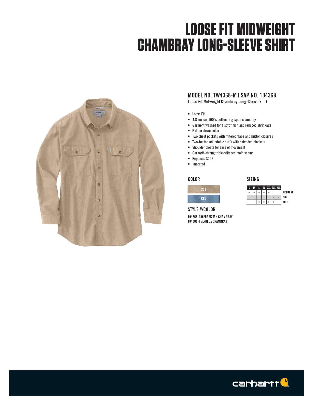 Carhartt Men's Chambray Original Fit Midweight Long Sleeve Shirt - Dark Tan L