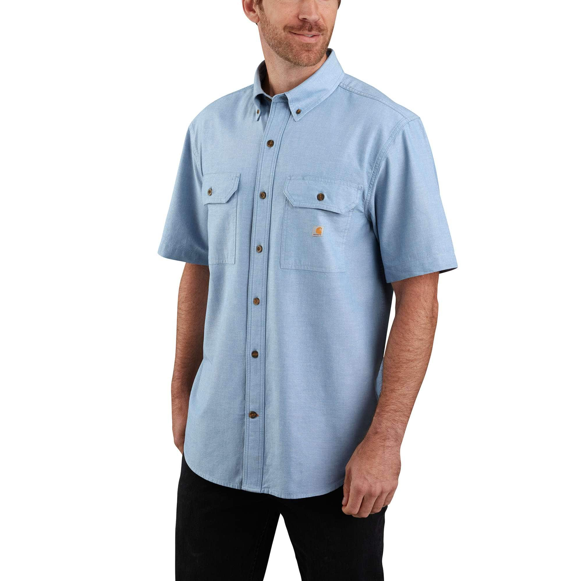 Loose Fit Midweight Chambray Short-Sleeve Button Down Shirt | CCGEsite