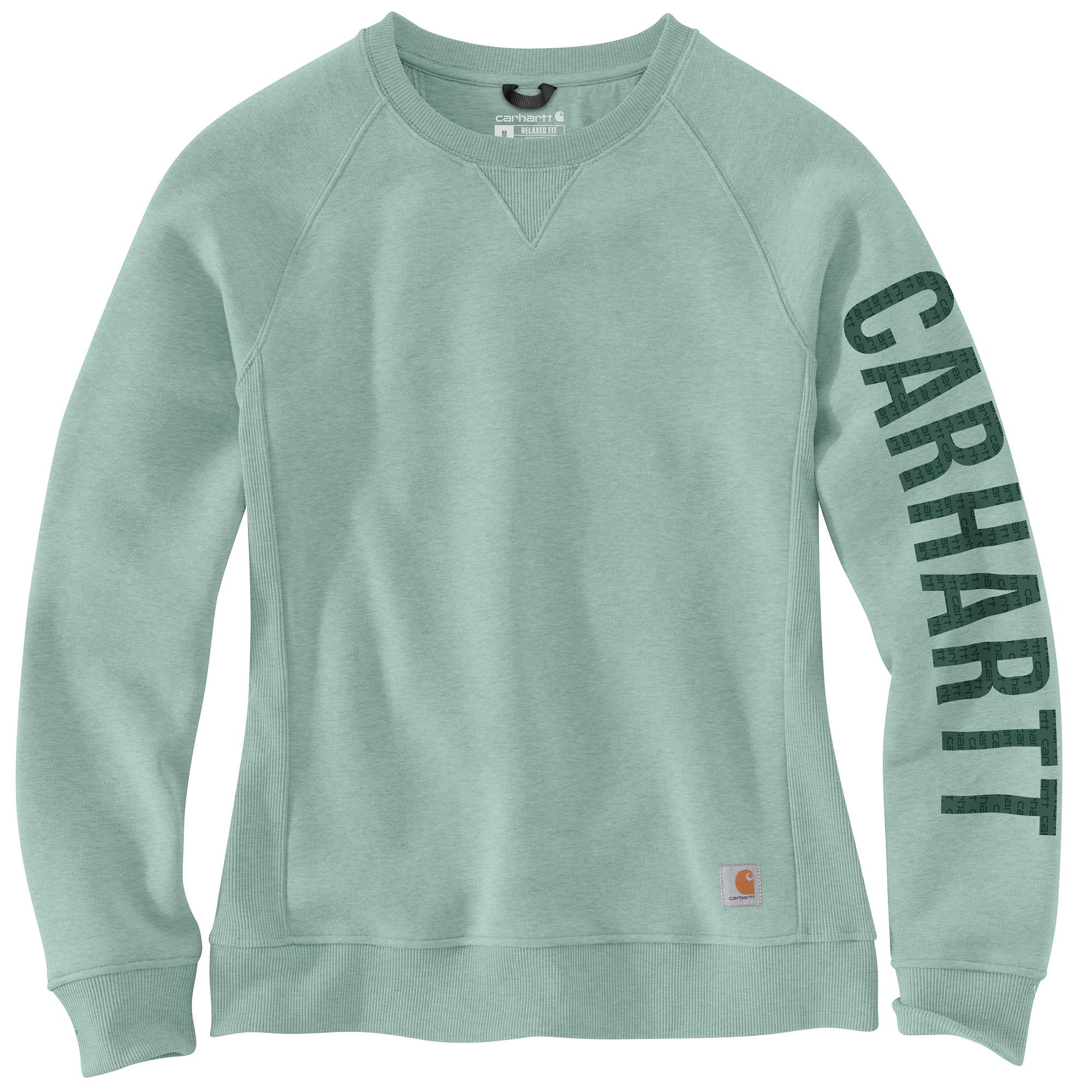 WOMEN'S RELAXED FIT MIDWEIGHT CREWNECK BLOCK LOGO SLEEVE GRAPHIC SWEATSHIRT