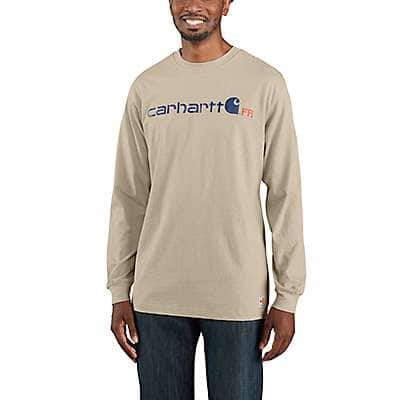 Carhartt Men's Light Khaki Heather Flame Resistant Carhartt Force&reg Original Fit Midweight Long-Sleeve Logo Graphic T-Shirt