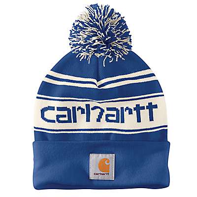 Carhartt Unisex Glass Blue Knit Pom-Pom Cuffed Logo Beanie