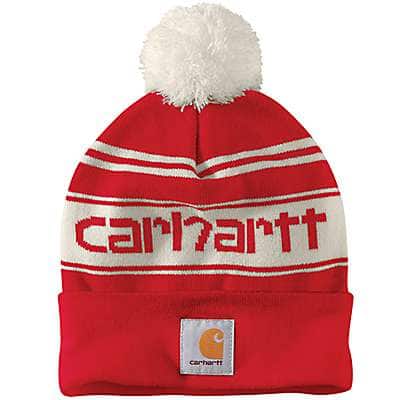 Carhartt Unisex Red Knit Pom-Pom Cuffed Logo Beanie