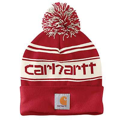 Carhartt Unisex Red/Winter White Marl Knit Pom-Pom Cuffed Logo Beanie
