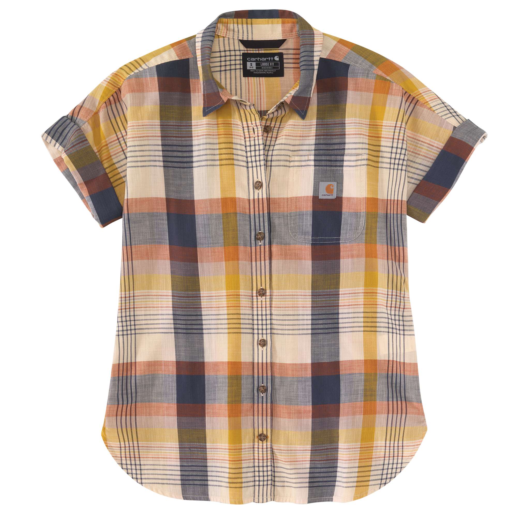 WOMEN'S LOOSE FIT LIGHTWEIGHT TWILL SHORT-SLEEVE PLAID SHIRT