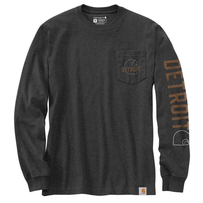 Carhartt  Carbon Heather Relaxed Fit Heavyweight Long-Sleeve Pocket Detroit Graphic T-Shirt