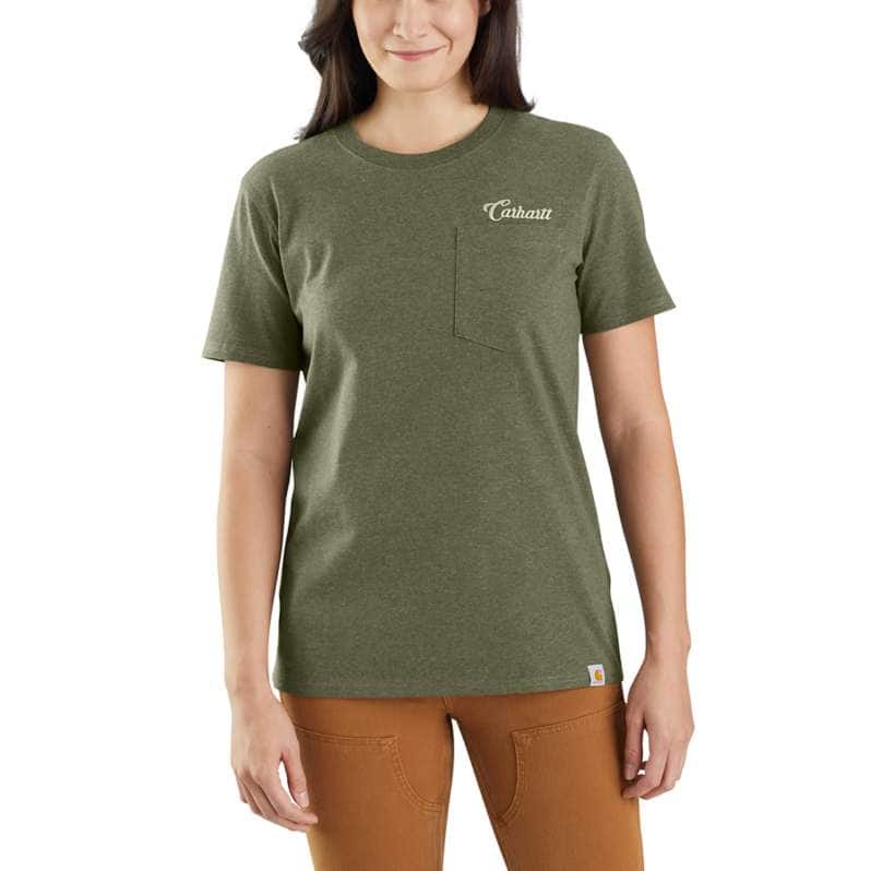 Carhartt  Basil Heather Women's Loose Fit Heavyweight Short Sleeve Pocket Script Graphic T-Shirt