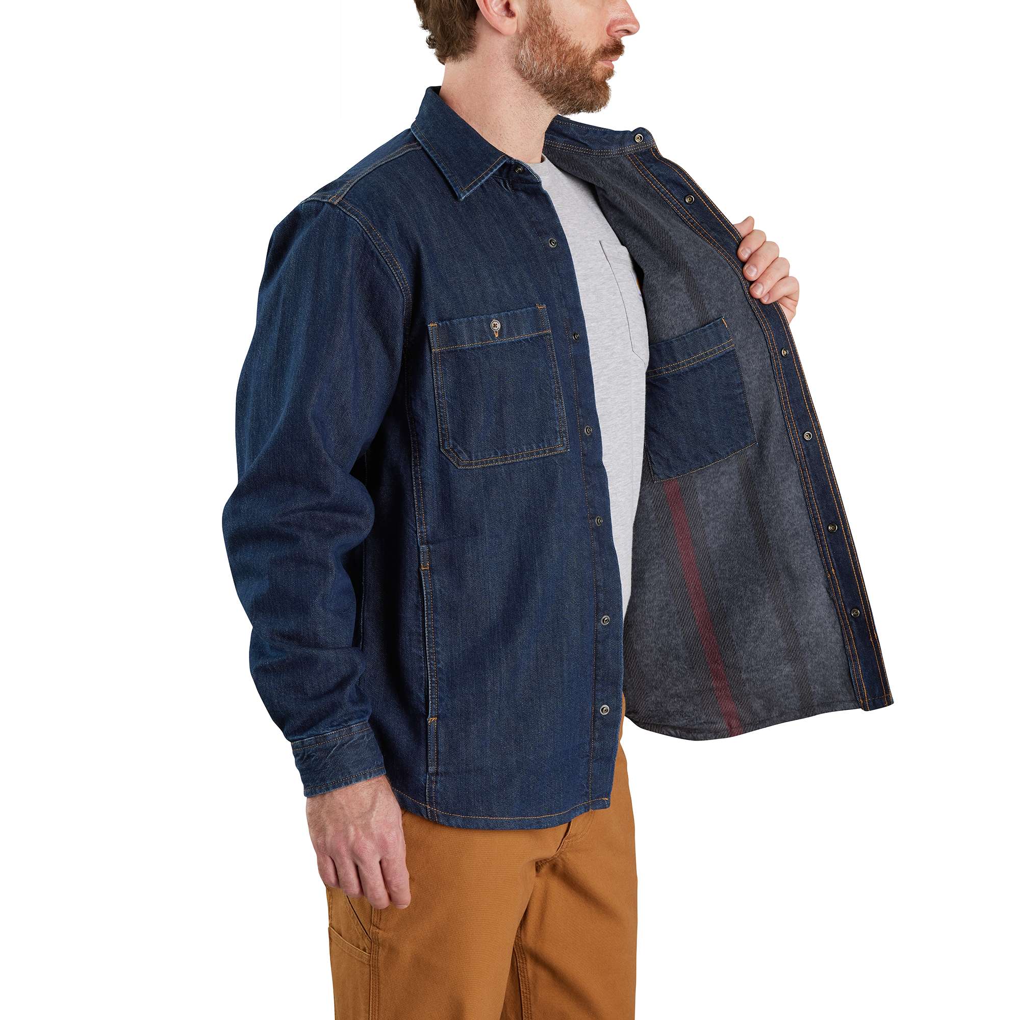 Relaxed Fit Denim Fleece Lined Snap-Front Shirt Jac