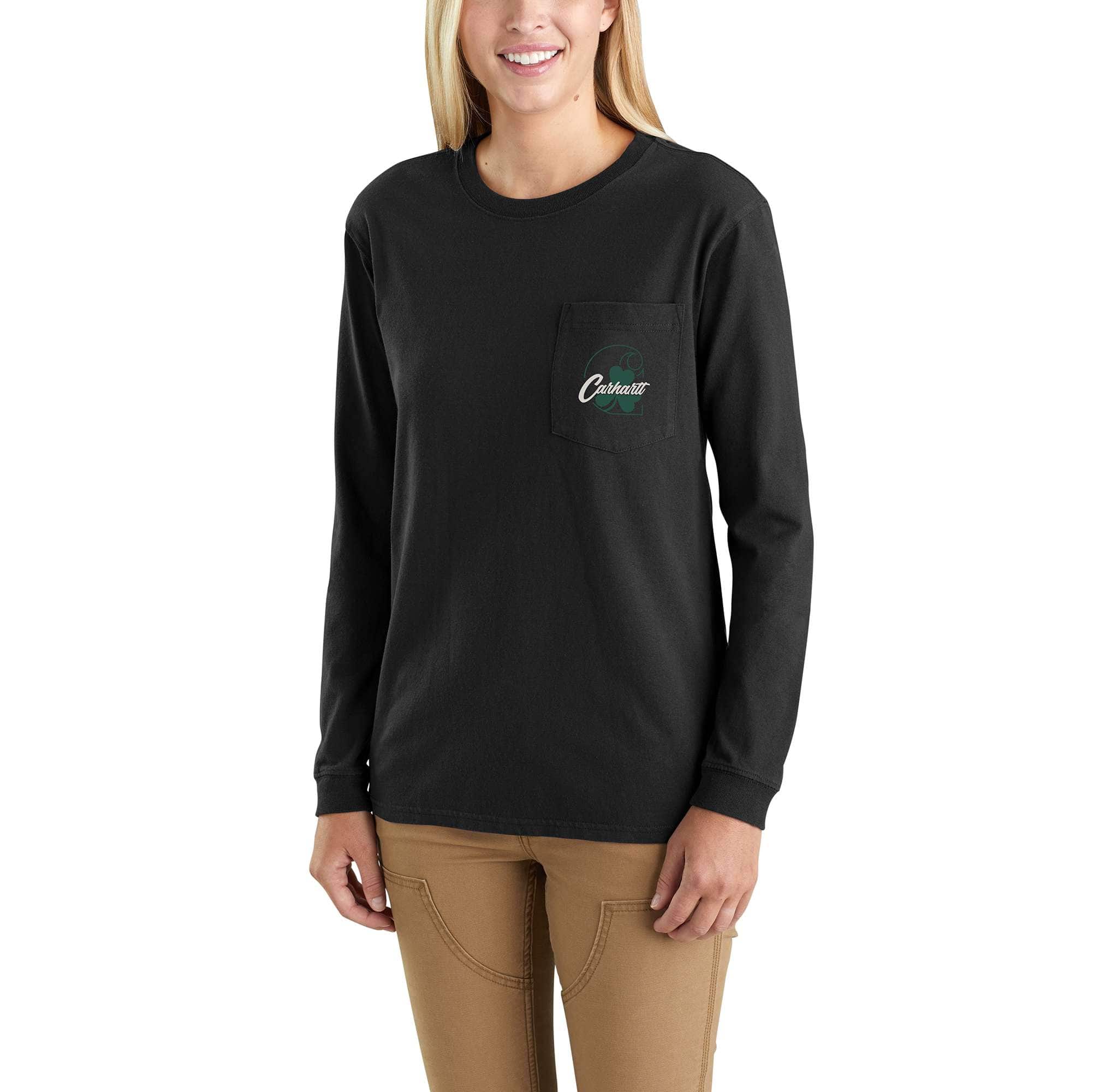 Carhartt Women's Black Women's Loose Fit Heavyweight Long-Sleeve Shamrock Graphic T-Shirt