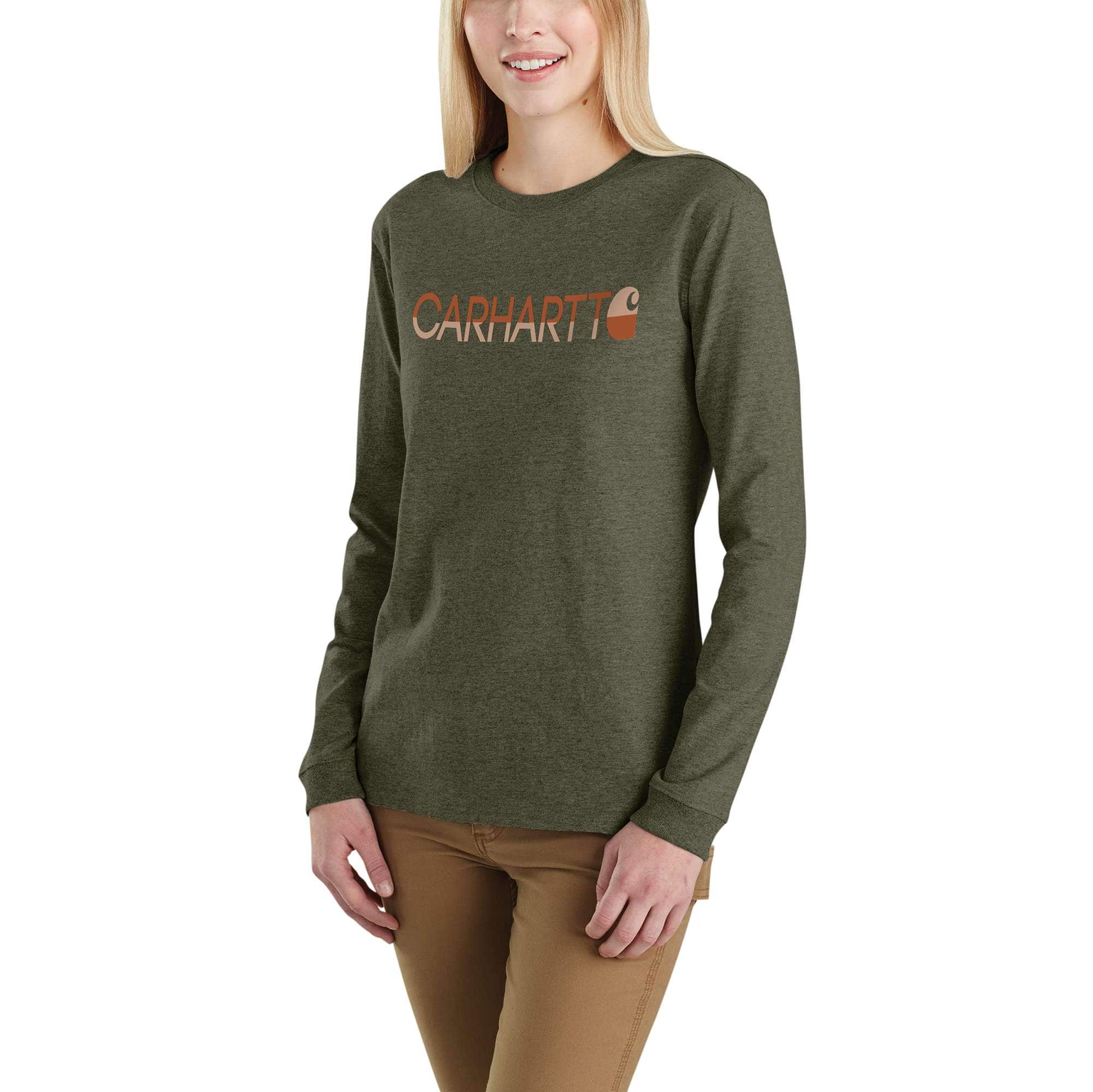 Carhartt Women's Basil Heather Women's Loose Fit Heavyweight Long Sleeve Carhartt Block Graphic T-Shirt