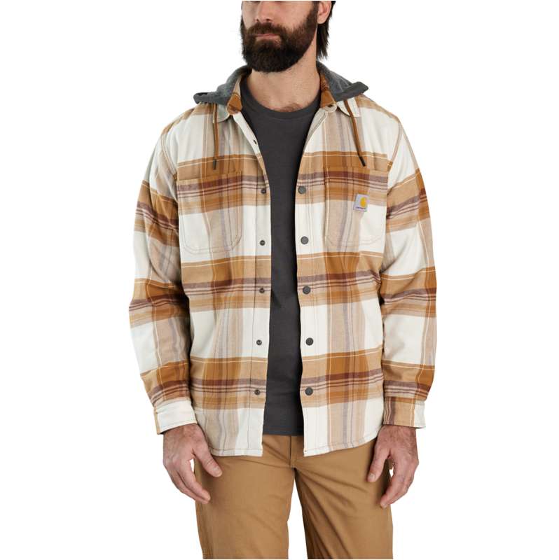 Carhartt Men's Rugged Flex Relaxed Fit Flannel Fleece Lined Hooded Shirt Jac | Brown | L