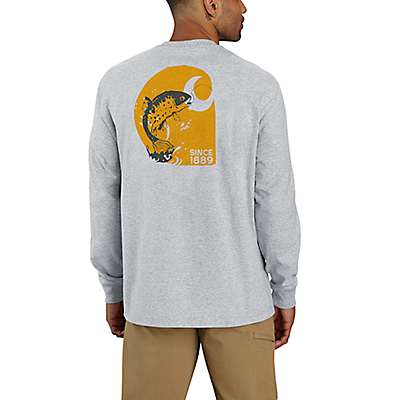 Carhartt Men's Heather Gray Loose Fit Heavyweight Long-Sleeve Fish Graphic T-Shirt