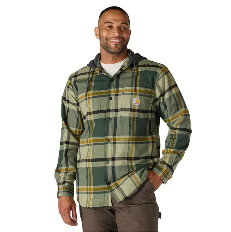 Carhartt  Forestry Green Rugged Flex® Relaxed Fit Flannel Fleece Lined Hooded Shirt Jac