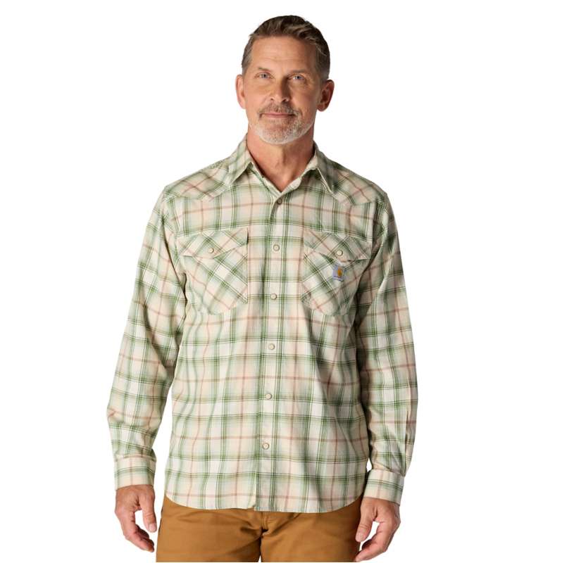 Carhartt  Oat Milk Montana Rugged Flex™ Relaxed Fit Lightweight Long-Sleeve Snap-Front Plaid Shirt