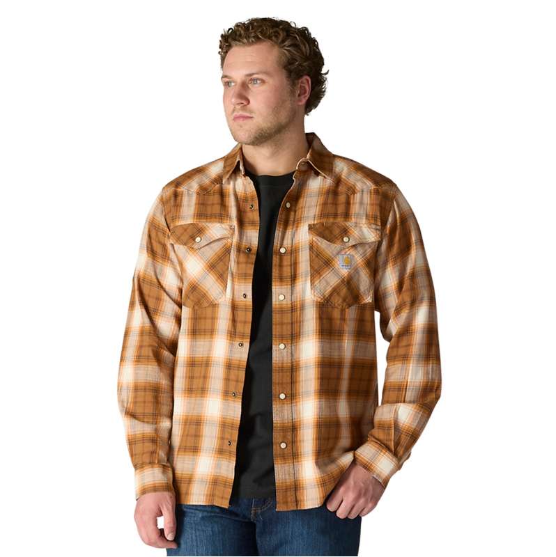 Carhartt  Carhartt Brown Montana Rugged Flex™ Relaxed Fit Lightweight Long-Sleeve Snap-Front Plaid Shirt