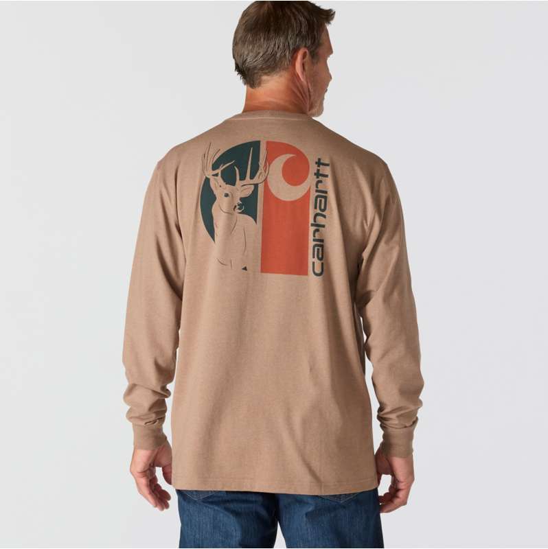 Carhartt  Soft Sepia Heather Loose Fit Heavyweight Long-Sleeve Pocket Deer Graphic T-Shirt