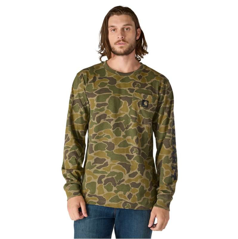 Carhartt  Burnt Olive Vintage Camo Relaxed Fit Heavyweight Long-Sleeve Pocket Camo Logo Graphic T-Shirt