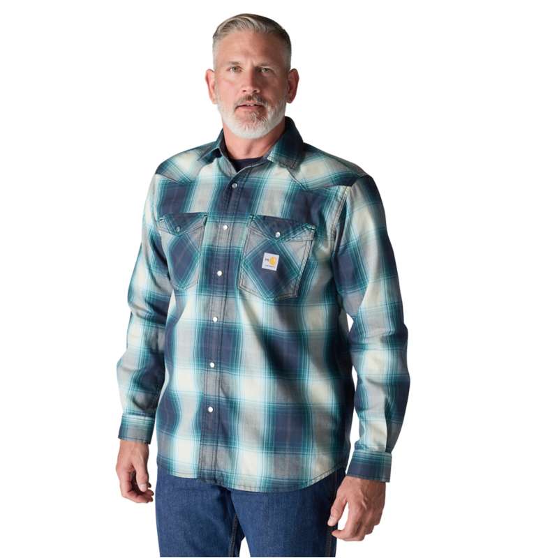Carhartt  Navy/Sea Pine Flame Resistant Montana Relaxed Fit Midweight Twill Snap Front Plaid Shirt