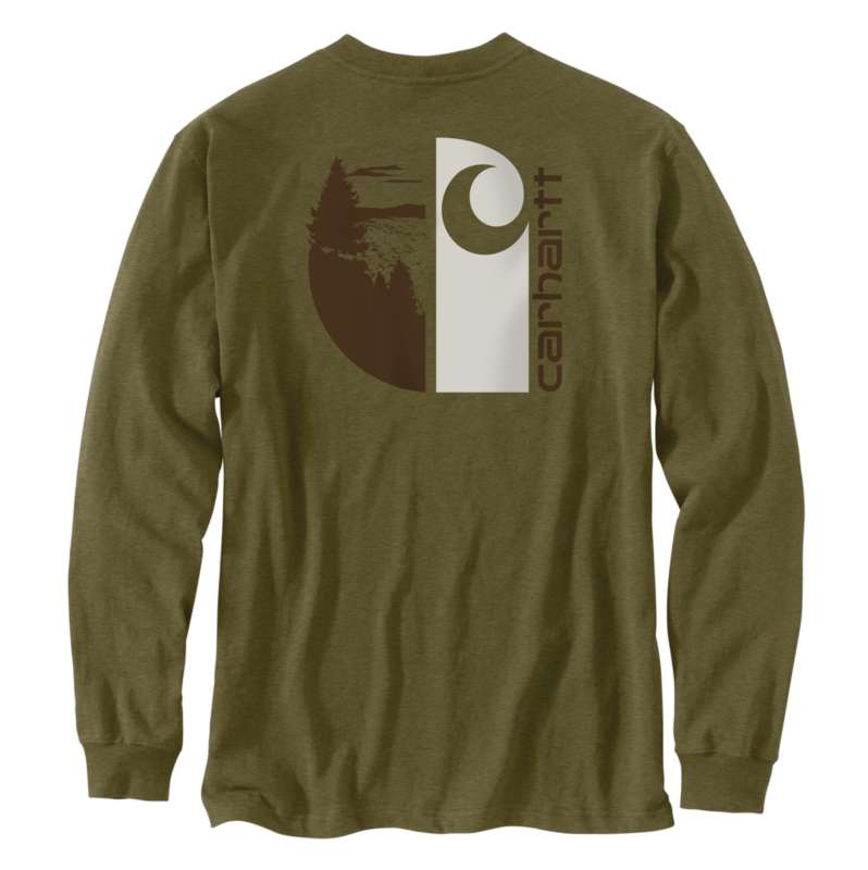 Carhartt  Dark Bronzed Green Heather Loose Fit Heavyweight Long-Sleeve Pocket Outdoor Graphic T-Shirt