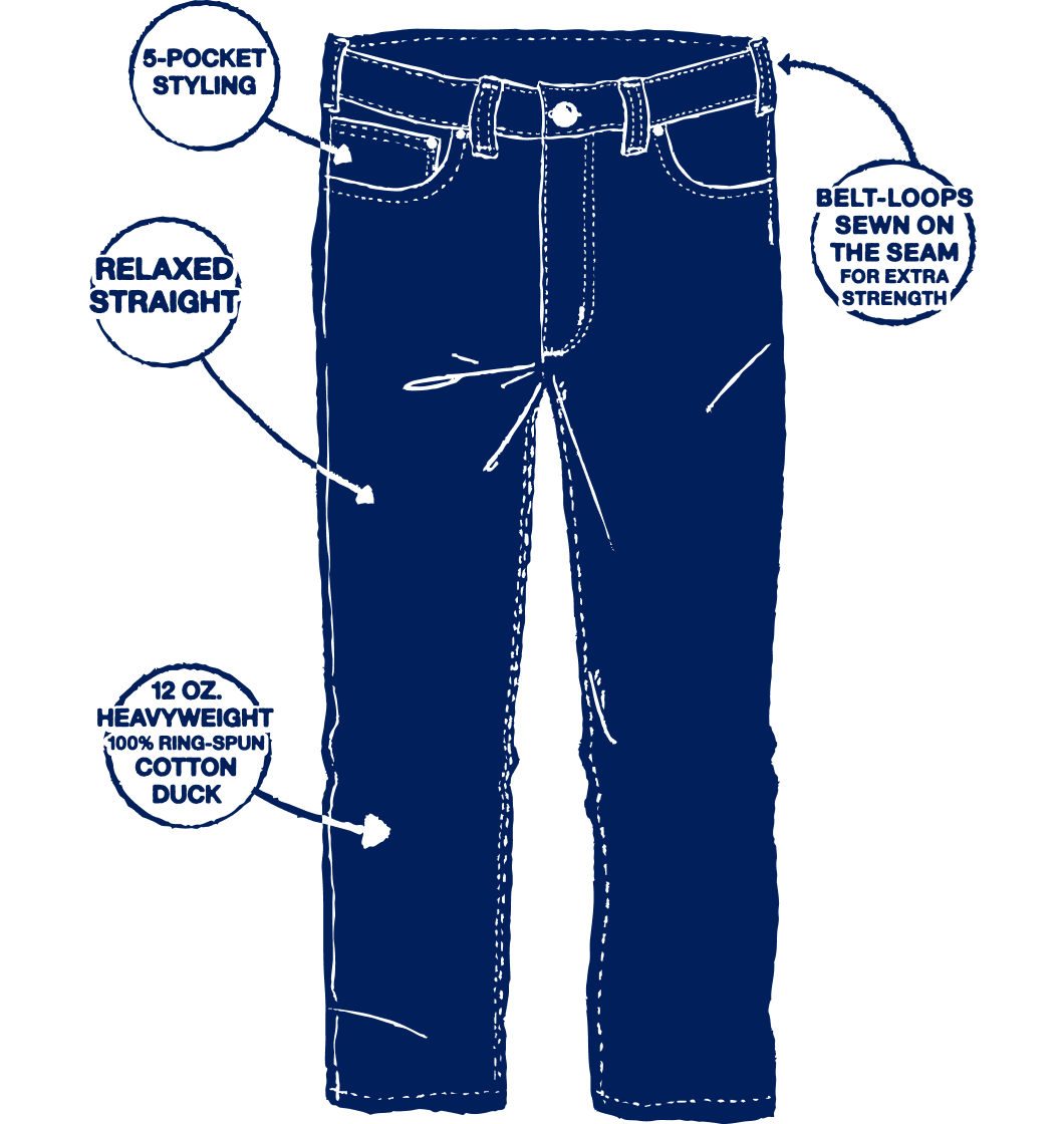 Crafted Series Work Pant callout image calling out 5-pocket design, heavyweight materials, relaxed straight fit and more.