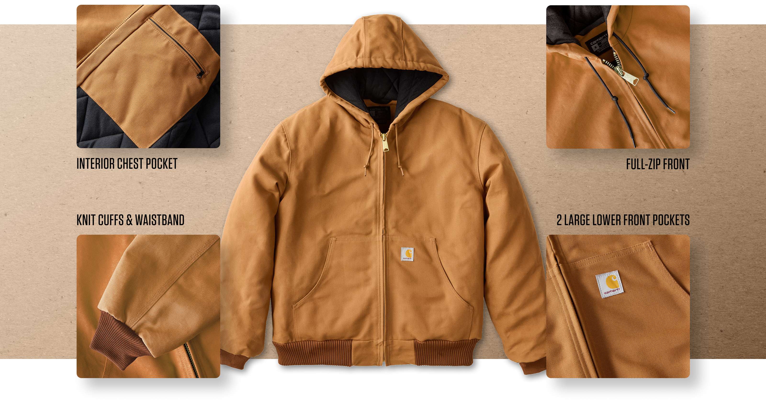 Product details: Interior chest pocket. Full-zip front. Knit cuffs & waistband. Two large lower front pockets