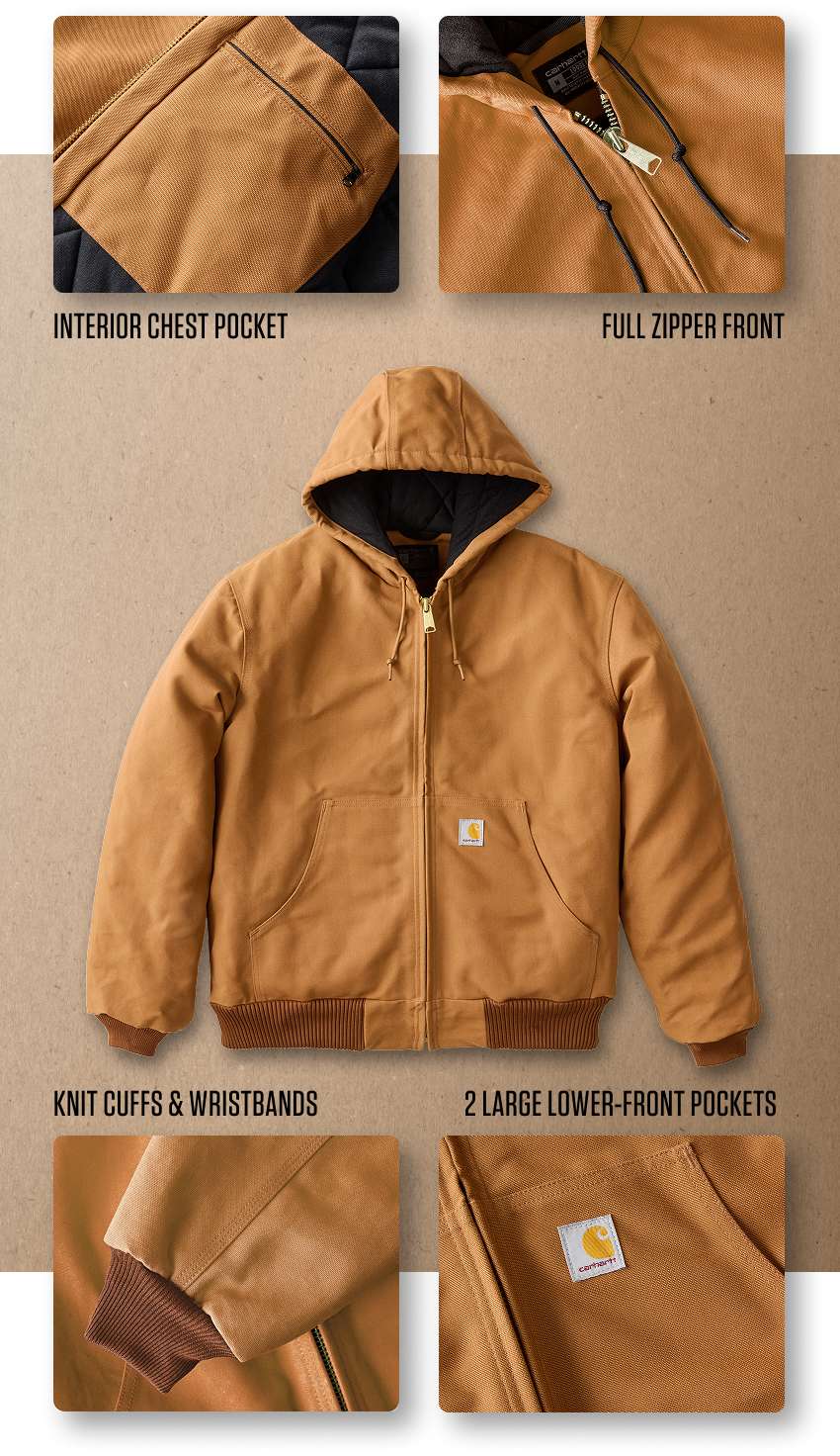 Product details: Interior chest pocket. Full-zip front. Knit cuffs & waistband. Two large lower front pockets