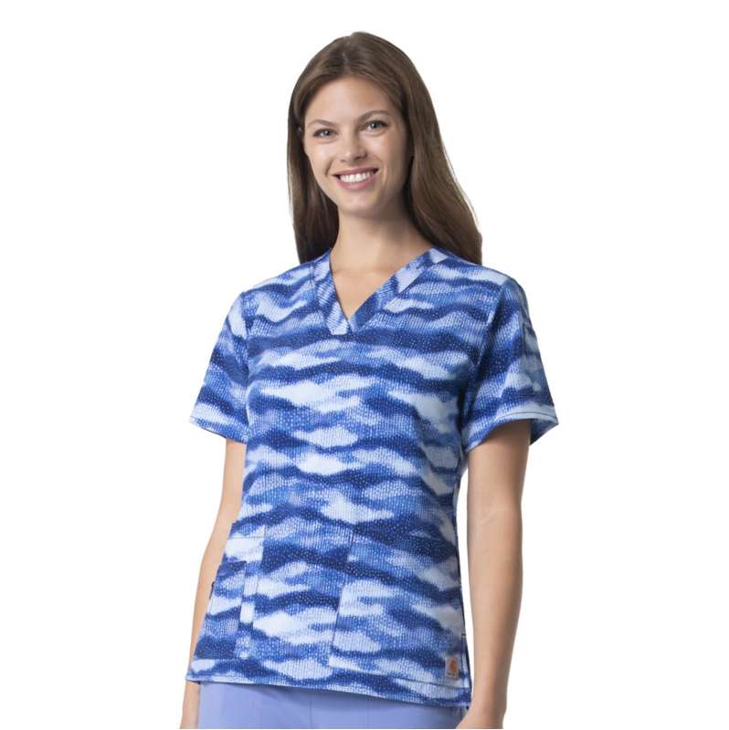 Carhartt  Ocean Blue Women's Force V-Neck Print Scrub Top