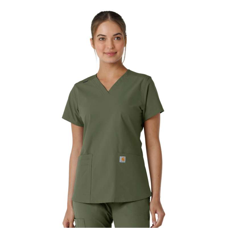 Carhartt  Olive Women's Force Essentials V-Neck Knit Panel Scrub Top