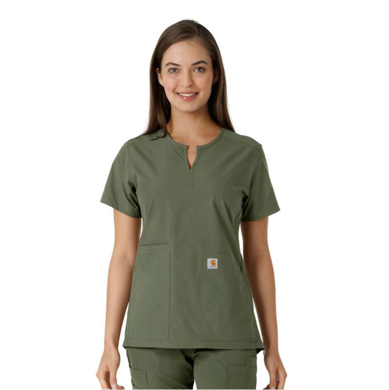 Carhartt  Olive Women's Force Essentials Notch Neck Tunic Knit Panel Scrub Top