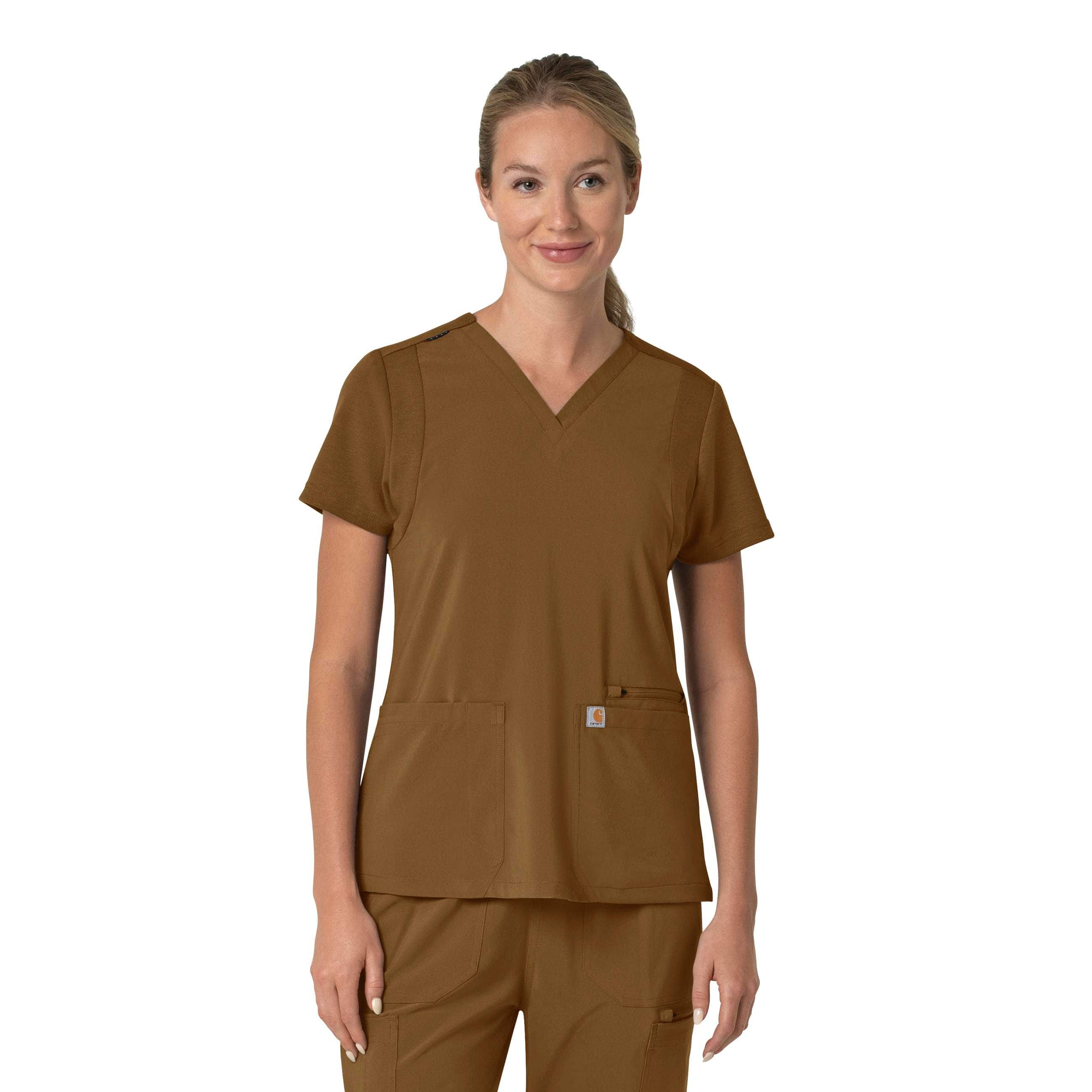 Carhartt Women's Force Cross-Flex Flex Panel V-Neck Scrub Top | Brown | L