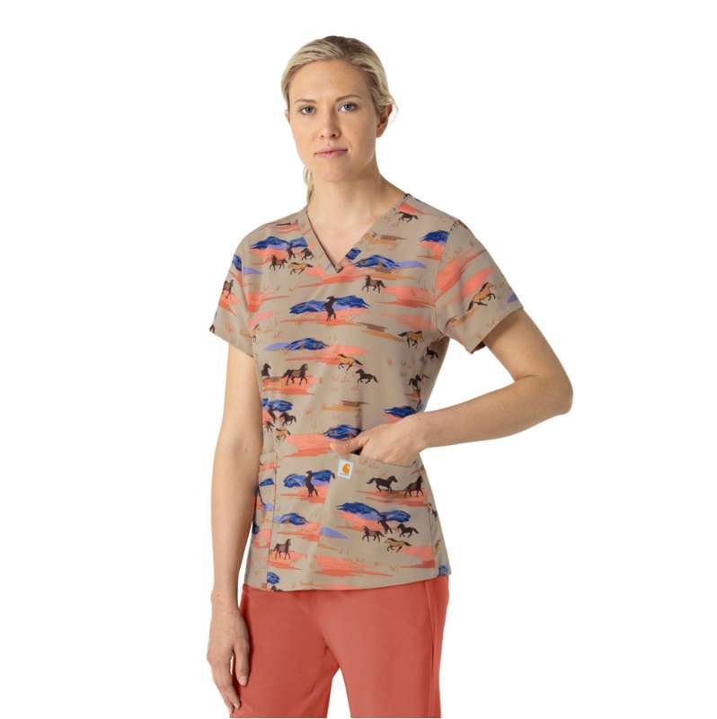 Carhartt  Oat Milk Women's Cross-Flex V-Neck Print Scrub Top