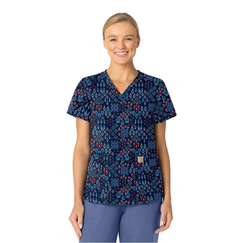 Carhartt  Navy Women's Cross-Flex V-Neck Print Scrub Top