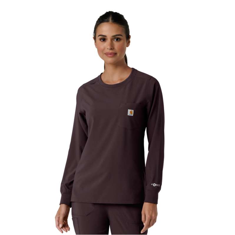 Carhartt  Dark Sepia Women's Force Cross-Flex  Crew Neck Long Sleeve Scrub Top