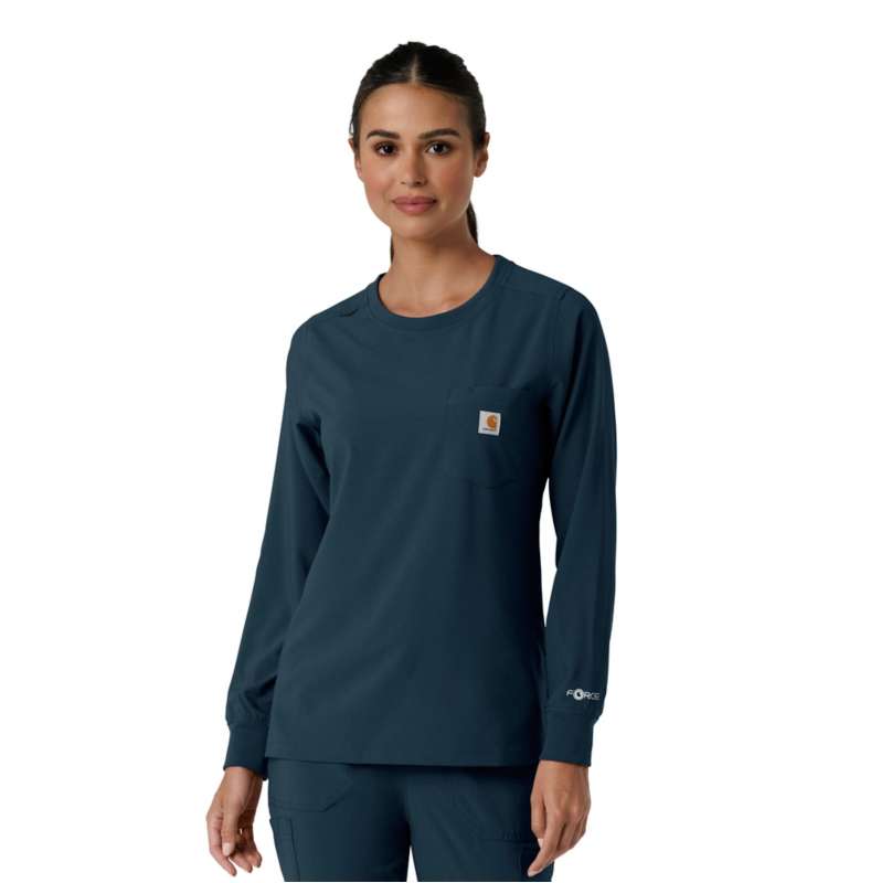Carhartt  Navy Women's Force Cross-Flex  Crew Neck Long Sleeve Scrub Top