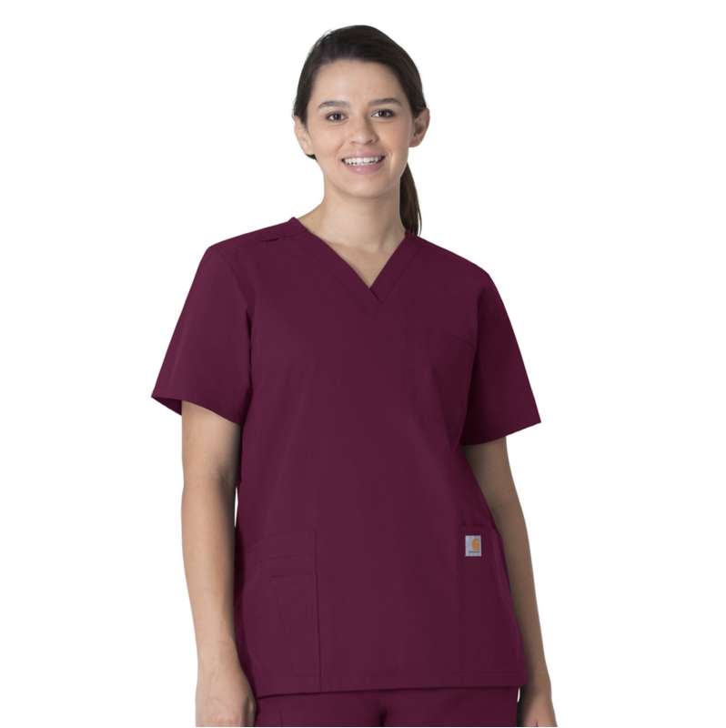 Carhartt  Wine Unisex Force Essentials V-Neck 6-Pocket Scrub Top