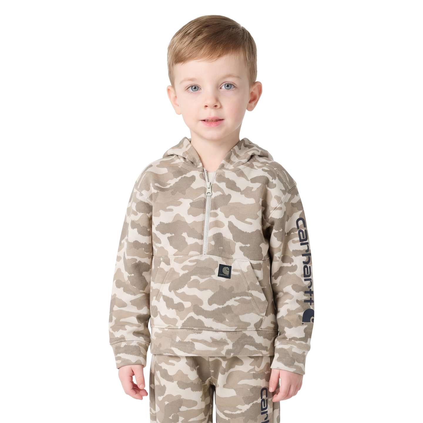 Худи Carhartt Long Sleeve Half-Zip Camo Logo Hooded Sweatshirt для мальчиков-малышей, цвет: Бежевый — фото 1