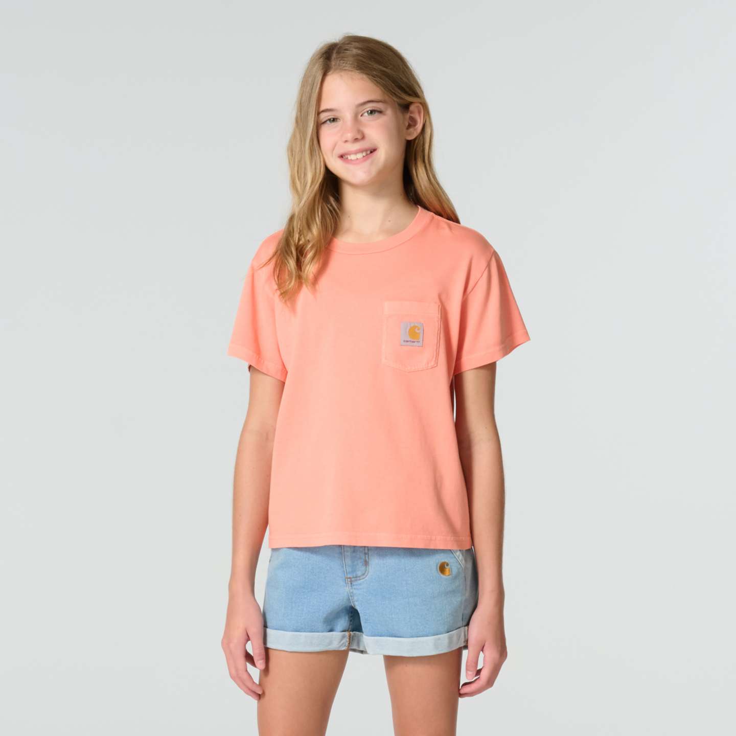 Футболка Carhartt Short Sleeve Re-Engineered Garment Dye Pocket T-Shirt (Child/Toddler/Youth) для девочек, цвет: Лососевый — фото 2